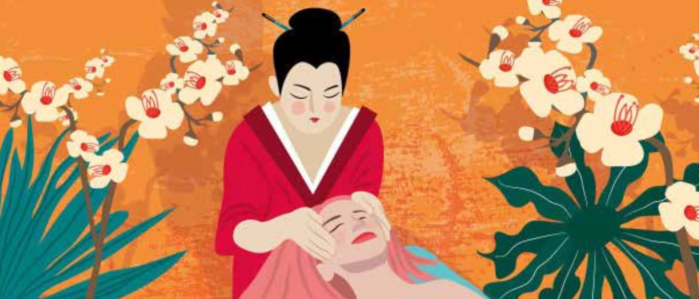 Japanese illustration: a lady in a kimono performing Kobido among flowers